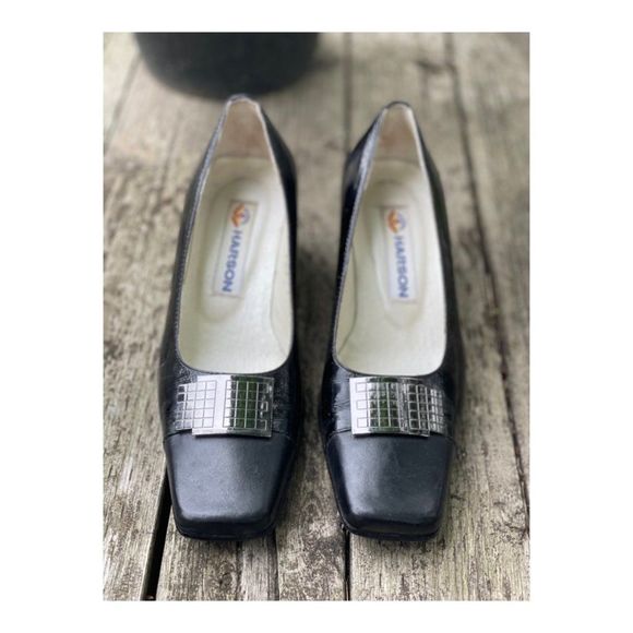 Vintage HARSON Pumps Square Toe Chunk Heel Black Metallic Sz 35.5 - Picture 1 of 13